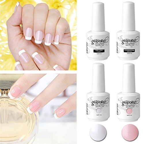 Elite99 Esmaltes Semipermanentes, Manicura Francesa en Gel UV LED 4pcs Kit con Base y Top Coat, Esmalte de Uña Soak off 15ml