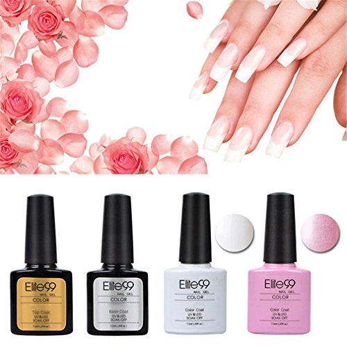 Elite99 Kit Manicura Francesa Uñas de Gel Laca Shellac Esmalte Semipermanente Color Gel + Top&Base Coat 4pcs Laca Soak Off Top Coat Base Coat UV LED Manicura Arte 7.3ml