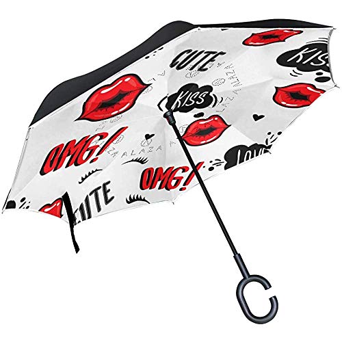 Elxf Paraguas de Lluvia Invertida Invertida para el Sol Día de San Valentín Cumpleaños Amor Labios Rojos Beso Hippie Sombrillas Reversibles