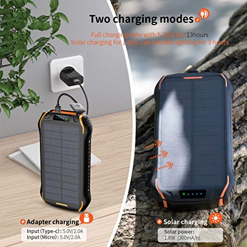 elzle Cargador Solar 26800mAh, Solar Power Bank 15W (5V / 3A) Salida de Carga rápida Resistente al Agua con Dos Salidas USB 3.1A y una Salida Type-C y Linterna LED para iOS, Samsung Galaxy y más