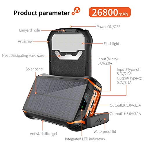 elzle Cargador Solar 26800mAh, Solar Power Bank 15W (5V / 3A) Salida de Carga rápida Resistente al Agua con Dos Salidas USB 3.1A y una Salida Type-C y Linterna LED para iOS, Samsung Galaxy y más