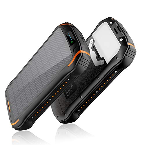 elzle Cargador Solar 26800mAh, Solar Power Bank 15W (5V / 3A) Salida de Carga rápida Resistente al Agua con Dos Salidas USB 3.1A y una Salida Type-C y Linterna LED para iOS, Samsung Galaxy y más