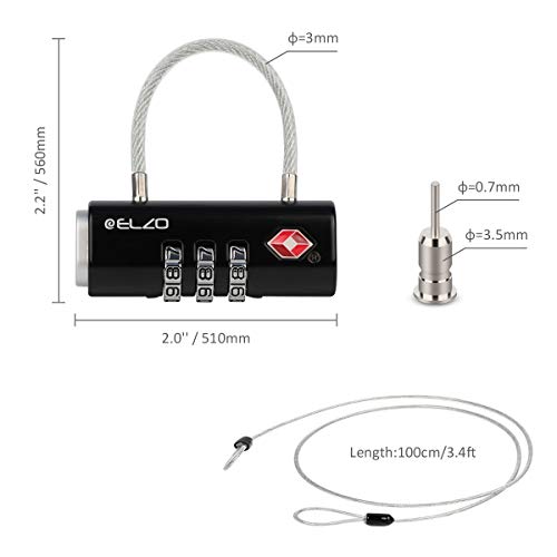 ELZO Candado Combinacion - Candado TSA Equipaje de Seguridad, Combinación de 3 Dígitos para Equipaje Maletas y Viajes, 2 Unidades con Cable de Acero 3.3 Pies, Negro