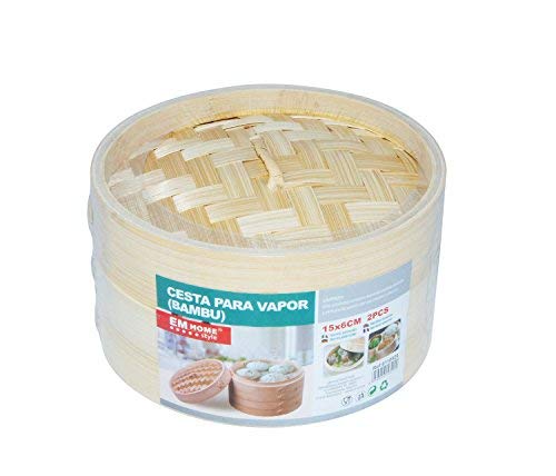 EM Home Vaporera de bambú para cocinar al Vapor, cocedor 1 Nivel con Tapa, Cesta de bambú, Recipiente de bambú, Oriental, cocer al Vapor (15x9cm)