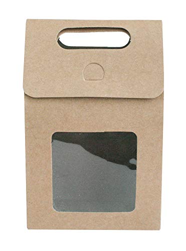 Emartbuy Bolsa de Regalo Papel Fuerte Levántate, 15 cm x 10 cm x 6 cm, Bolso Kraft Marrón Caja de Galletas Dulces Con Ventana Transparente - Paquete de 12