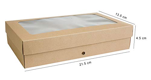 Emartbuy Paquete de 12 Caja de Regalo de Presentación en Forma de Rectángulo, 21.5 cm x 13.5 cm x 4.5 cm, Caja Kraft Marrón Con Tapa Transparente y Cinta de Raso