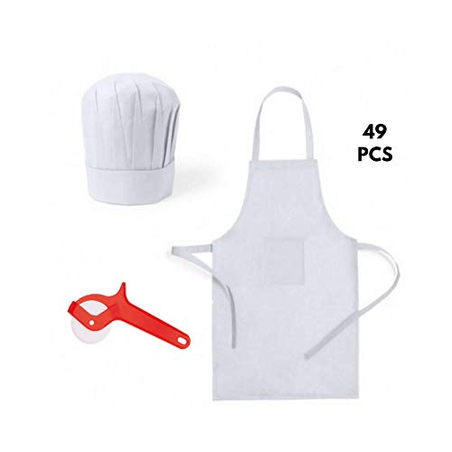 Emotiset Lote de 24 Delantales y 24 Gorros de Cocina Infantiles para niños Blancos.Kit de Cocinero Chef Infantil. Util en talleres Infantiles, cumpleaños, concursos, como Disfraz de Cocinero