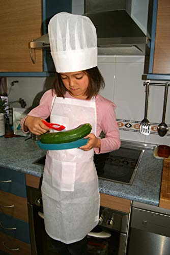 Emotiset Lote de 24 Delantales y 24 Gorros de Cocina Infantiles para niños Blancos.Kit de Cocinero Chef Infantil. Util en talleres Infantiles, cumpleaños, concursos, como Disfraz de Cocinero