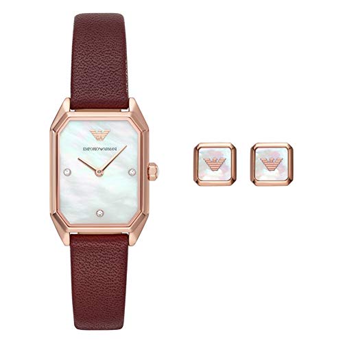 Emporio Armani Set de Regalo para Mujer,Pendientes y Reloj con Esfera Cuadrada en Acero Inoxidable y Correa de Cuero tonalidad Burdeos AR80028