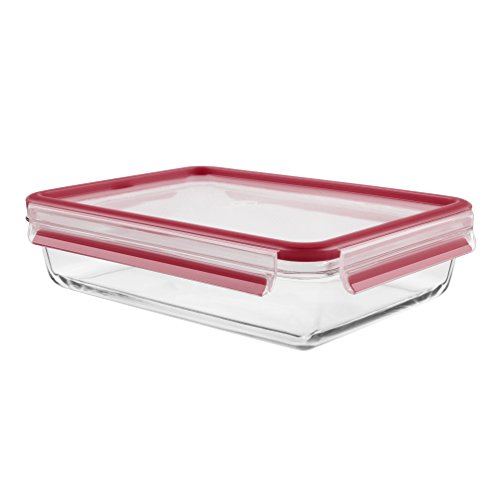 Emsa Clip & Close Conservador Hermético de Cristal de borosilicato Rectangular, higiénico, no retiene olores ni sabores 100% Libre de BPA, Trasnsparente y Rojo, 2 L