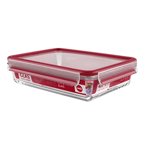 Emsa Clip & Close Conservador Hermético de Cristal de borosilicato Rectangular, higiénico, no retiene olores ni sabores 100% Libre de BPA, Trasnsparente y Rojo, 2 L