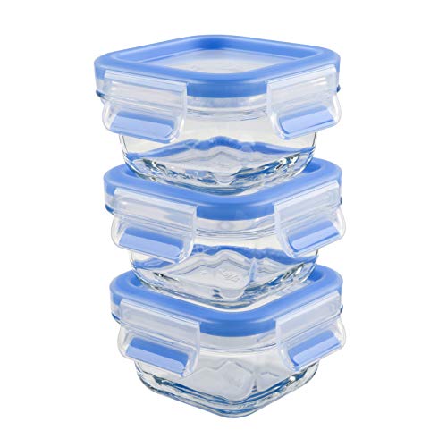 Emsa Clip & Close Set de 3 Conservadores Hermético de Cristal de borosilicato de 0,2 L, higiénico, no retiene olores ni sabores 100% Libre de BPA, Transparente/Azul, 0.2 L