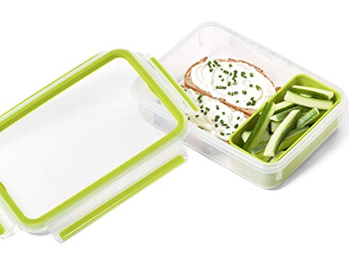 Emsa Clip&Go Brunchbox - Recipiente hermético de plástico con soporte de rejilla para crear 2 alturas una para el aperitivo y otra con rejilla ideal para sólidos como bocadillos, rectangular, 1,20 L