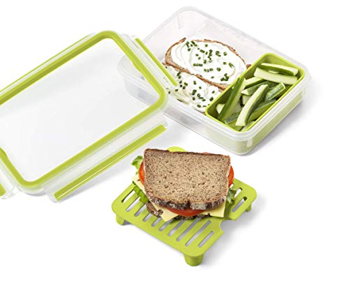 Emsa Clip&Go Brunchbox - Recipiente hermético de plástico con soporte de rejilla para crear 2 alturas una para el aperitivo y otra con rejilla ideal para sólidos como bocadillos, rectangular, 1,20 L