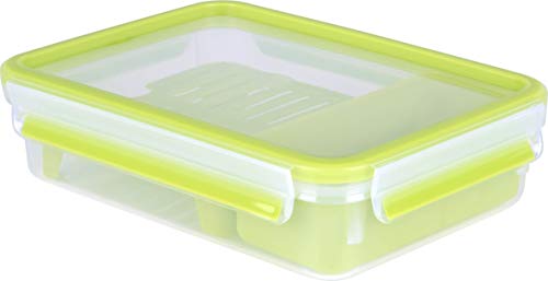 Emsa Clip&Go Brunchbox - Recipiente hermético de plástico con soporte de rejilla para crear 2 alturas una para el aperitivo y otra con rejilla ideal para sólidos como bocadillos, rectangular, 1,20 L