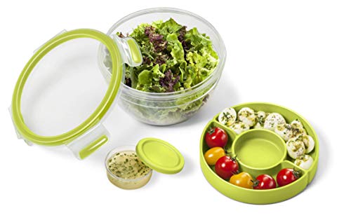 Emsa Clip&Go Saladbox - Recipiente hermético de plástico 0,6 L, ensalada Bowl redondo 1 L para ensalada con compartimento para salsas y otros platos, libre de BPA, transporte fácil