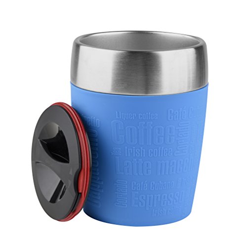 Emsa Travel Mug - Taza térmica de 0,2 l, mantiene la temperatura, acero inoxidable con base antideslizante y zona de agarre de silicona con letras grabadas, color azul