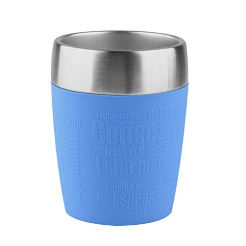 Emsa Travel Mug - Taza térmica de 0,2 l, mantiene la temperatura, acero inoxidable con base antideslizante y zona de agarre de silicona con letras grabadas, color azul