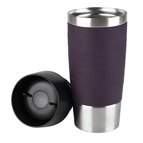 Emsa Travel Mug - Taza térmica de 0.36 l, mantiene calor 4 h y frío 8 h, acero inoxidable con base antideslizante y zona de agarre de silicona con letras grabadas, color lila