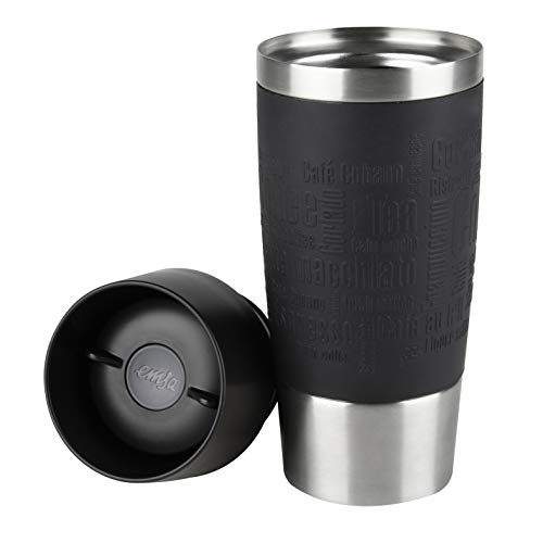 Emsa Travel Mug Taza térmica, Mantiene Calor 4 h y frío 8 h, Acero Inoxidable con Base Antideslizante y Zona de Agarre de Silicona con Letras grabadas, Negro, 8.1 x 8.1 x 20.1 cm