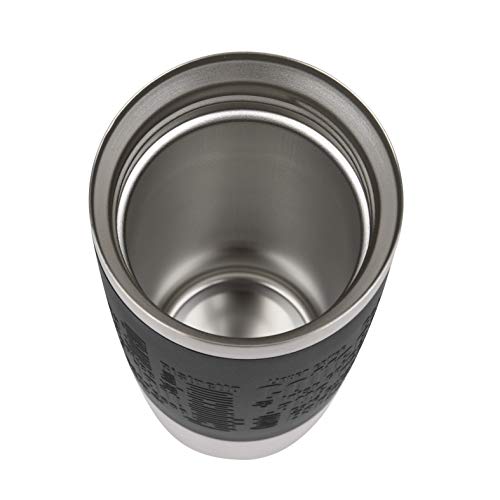 Emsa Travel Mug Taza térmica, Mantiene Calor 4 h y frío 8 h, Acero Inoxidable con Base Antideslizante y Zona de Agarre de Silicona con Letras grabadas, Negro, 8.1 x 8.1 x 20.1 cm