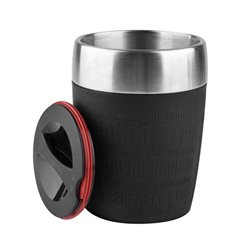 Emsa Travel Mug Taza térmica, Mantiene la Temperatura, Acero Inoxidable con Base Antideslizante y Zona de Agarre de Silicona con Letras grabadas, Negro, 0.2 L