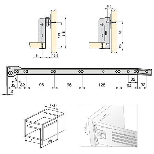 Emuca 3058425 Kits de Cajón H118, Gris Metalizado, 500mm