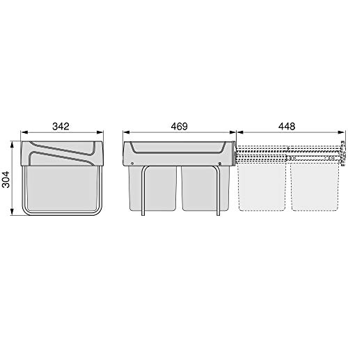 EMUCA - Cubos de Basura con fijación Inferior para Cocina, 2 contenedores de Reciclaje extraibles de 15 L, Capacidad Total 30L (2 x 15 L), Acero y plástico, Gris Antracita.