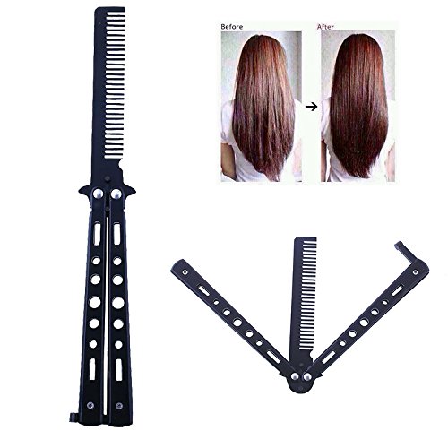 en acier inoxydable multi-fonction Papillon Peigne pour cheveux et barbe Peigne Practise balisong pliante Outil de formation de sécurité, noir