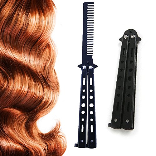 en acier inoxydable multi-fonction Papillon Peigne pour cheveux et barbe Peigne Practise balisong pliante Outil de formation de sécurité, noir