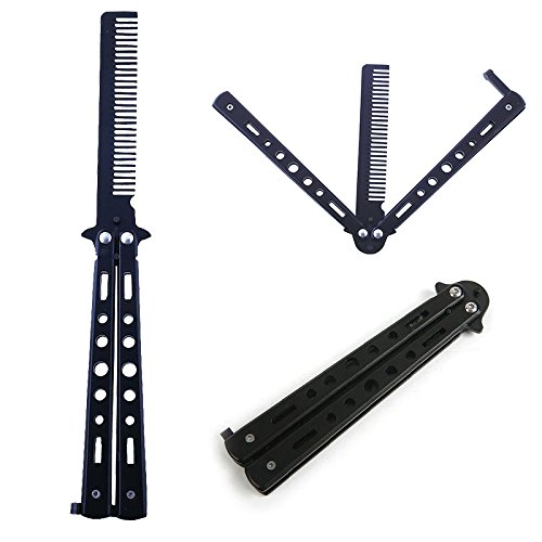 en acier inoxydable multi-fonction Papillon Peigne pour cheveux et barbe Peigne Practise balisong pliante Outil de formation de sécurité, noir