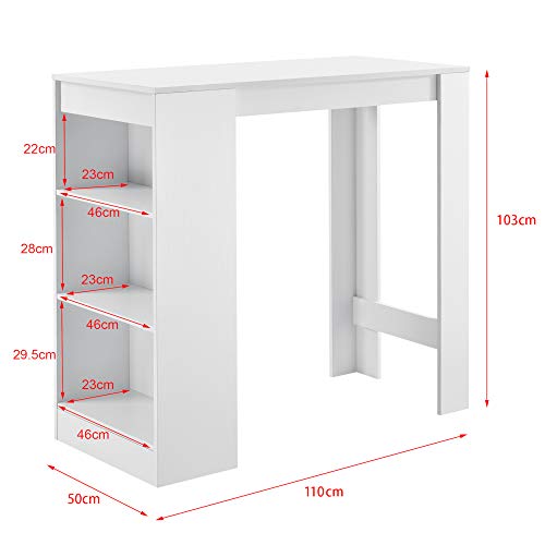 [en.casa] Mesa de Bar de Bistro Elegante 110 x 50 x 103 cm Mesa Alta Cocina Barra integrada para Bebidas con 3 Estantes Blanco