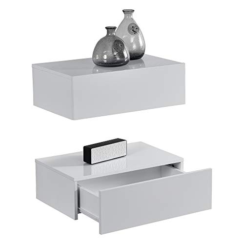 [en.casa] Set de 2 Mesitas de Noche de Pared con cajón - Lacado Brillo Blanco - 46x30x15cm