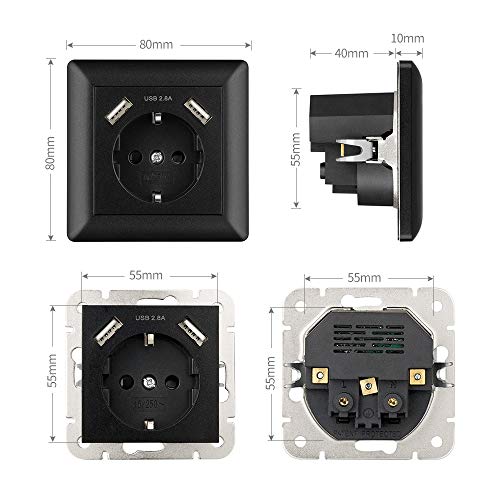 Enchufe pared USB 2.8A Negro, Kaifire Schuko Toma de corriente con 2 puertos USB System 55 Instalación empotrado - Cargador para Smartphone Tablet MP3