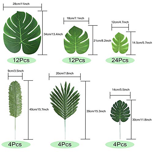 ENTHUR 60 hojas de palmeras artificiales de 6 tipos para decoración de fiestas hawaianas Luau, Tiki Aloha Jungle Beach, decoración de mesa