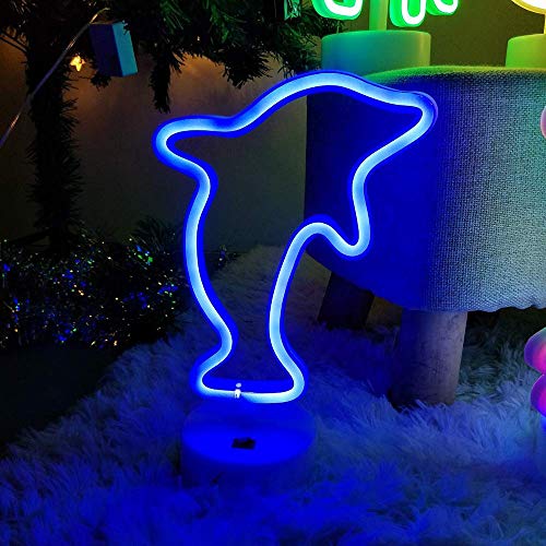 ENUOLI neón del LED luz de la noche delfines Shaped carteles de neón con azul de la lámpara USB y pilas de las luces de neón de la boda con la muestra Base novedad de la decoración de luz hasta la ha