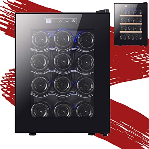 EnweGey Refrigerador Bodega, Vinotecas 12 Botellas con Display Digital y Panel de Control Táctil, Iluminación LED, Botellero Nevera para Vinos (Temperatura: 11-18 °C),Full Metal Shelf