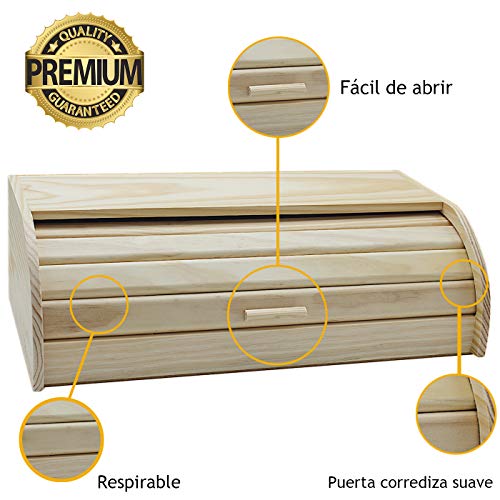 e!Orion Panera de Madera Natural con Tapa Enrollable, Panera o Recipiente de Comida Seca para Almacenamiento de Cocina (48 x 25 x 15 cm)