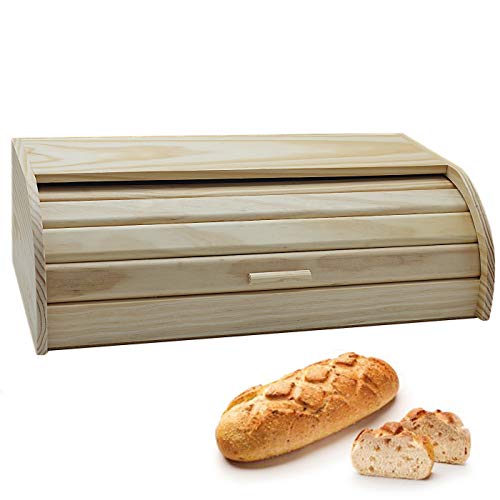 e!Orion Panera de Madera Natural con Tapa Enrollable, Panera o Recipiente de Comida Seca para Almacenamiento de Cocina (48 x 25 x 15 cm)