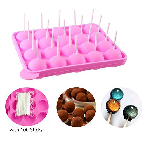 Erlsig 20 de Molde Lollipop,molde cake pop, silicona bandeja Stick mould +100 Stick, Moldes para bizcoletas, Repostería,no adhesivas, rosa