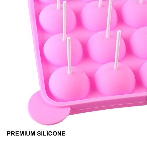 Erlsig Pop Cake Molde de Silicona para Cake Pop, 20 moldes Redondo＋ 120 sticks, silicona bandeja Stick mould, Moldes para bizcoletas, rosa