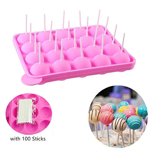 Erlsig Pop Cake Molde de Silicona para Cake Pop, 20 moldes Redondo＋ 120 sticks, silicona bandeja Stick mould, Moldes para bizcoletas, rosa