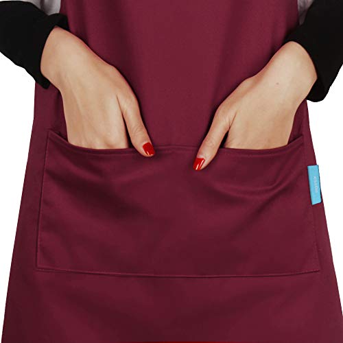 esafio 2 Piezas Delantales Impermeables, Delantal de Trabajo Ajustables del Cocinero con 2 Bolsillo para Mujeres Hombres,Delantal Chefs Cocina para Cocinar/Hornea/Barbacoa (Rojo)