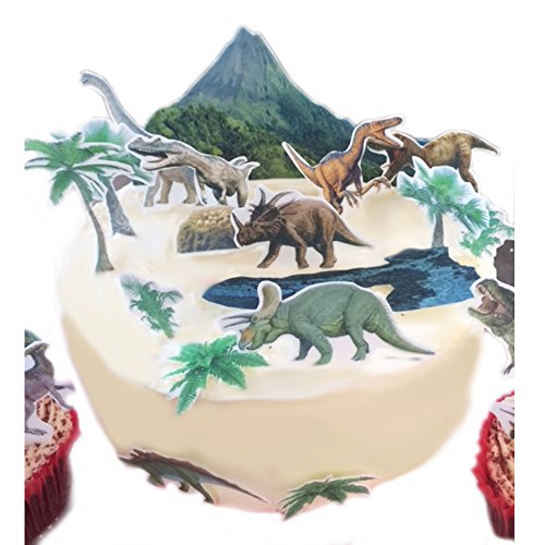 Escena jurásica de dinosaurios hecha de papel de oblea comestible, ideal para la decoración de tus tartas de cumpleaños, fácil de usar