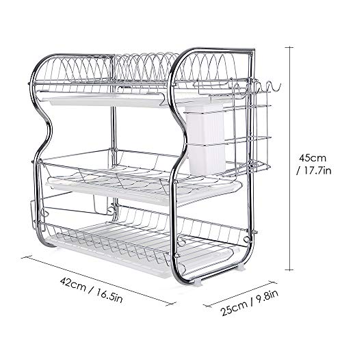 Escurreplatos de 3 niveles con bandeja, escurreplatos de cromo, compacto, robusto, plateado, con palillos / cuchillos / Soporte para tabla de cortar 42 * 25 * 45cm