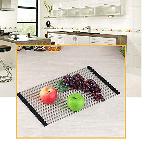 Escurreplatos enrollable multiusos plegable de acero inoxidable para fregadero, escurreplatos de cocina, color negro