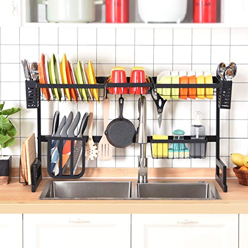 Escurreplatos Kingrack con 2 niveles de gran capacidad, estante organizador para fregadero con ganchos para utensilios de cocina, almacenamiento para platos, cuencos y ollas.