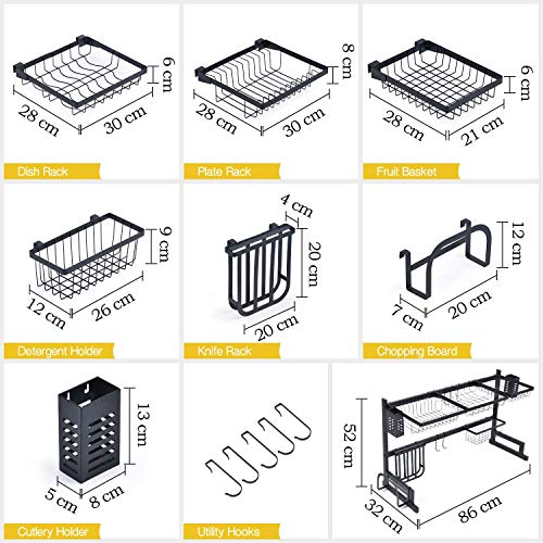 Escurreplatos Kingrack con 2 niveles de gran capacidad, estante organizador para fregadero con ganchos para utensilios de cocina, almacenamiento para platos, cuencos y ollas.