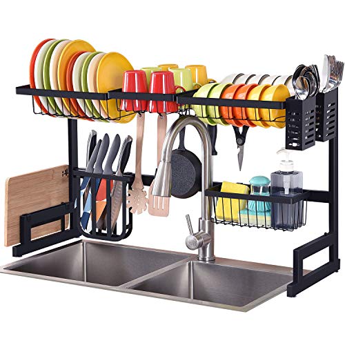 Escurreplatos Kingrack con 2 niveles de gran capacidad, estante organizador para fregadero con ganchos para utensilios de cocina, almacenamiento para platos, cuencos y ollas.