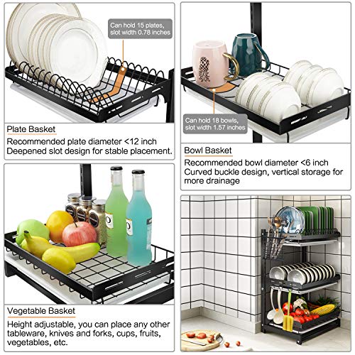 Escurridor de platos de X-cosrack, escurridor para la cocina, de acero inoxidable, superficie de goteo con platos y cuencos, extraíble, 3 niveles, color negro